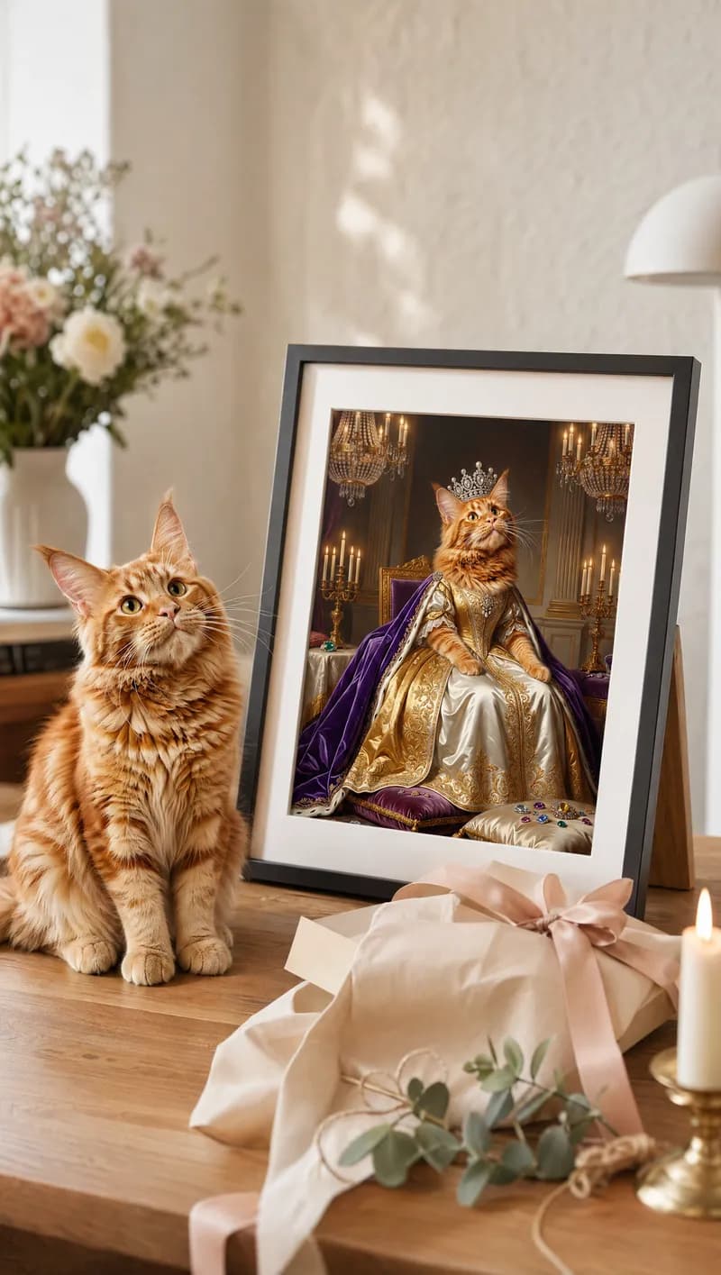 Maine Coon beside their The Empress portrait