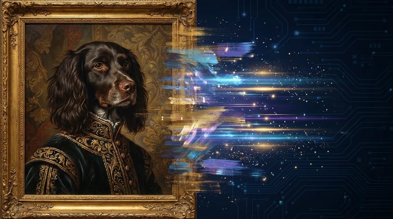 AI-generated royal pet portrait of a dog dressed as a Renaissance king