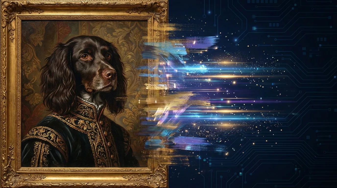 AI-generated royal pet portrait of a dog dressed as a Renaissance king