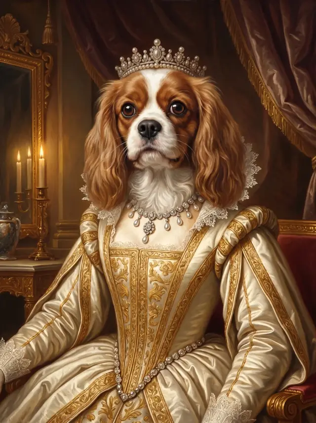 The Renaissance Queen, shown on a Cavalier King Charles Spaniel