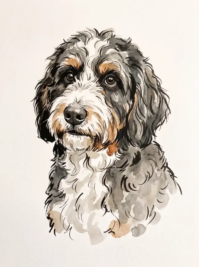 Bernedoodle as Ink and Wash, custom pet portrait