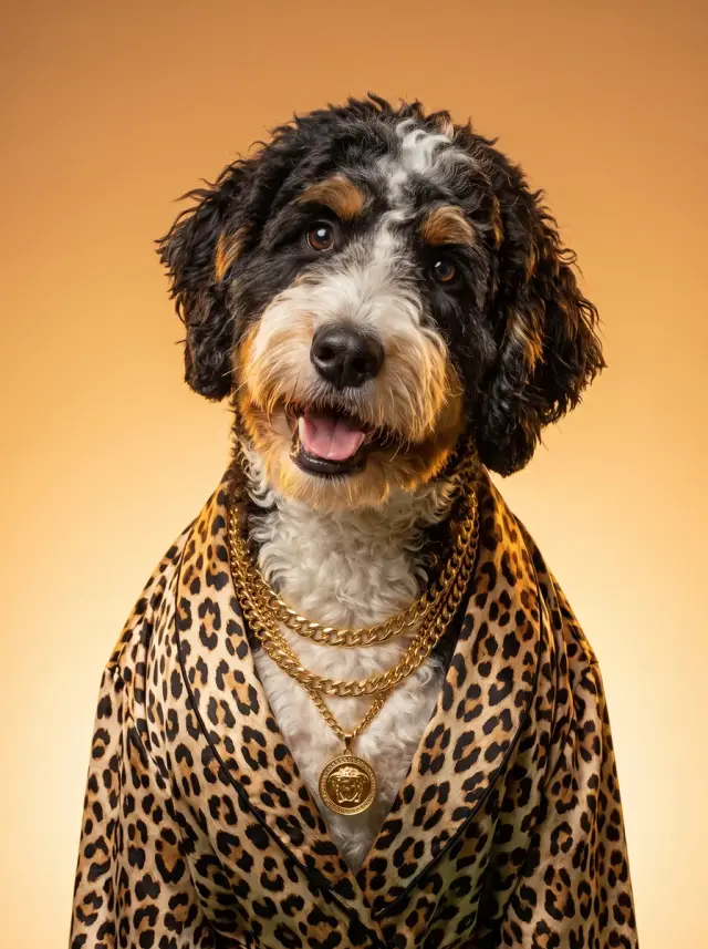 Bernedoodle as Baroque Gold, custom pet portrait