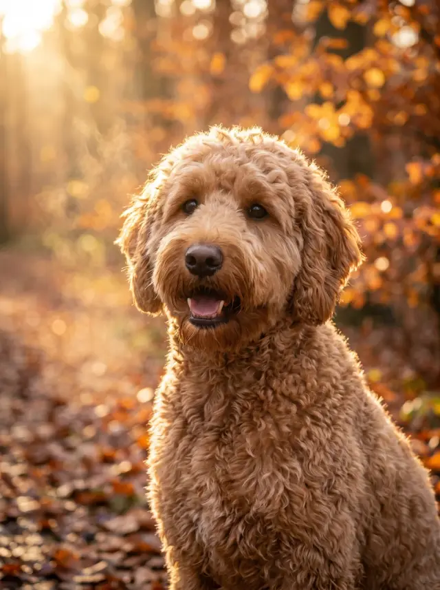 Goldendoodle as Autumn Walk, custom pet portrait