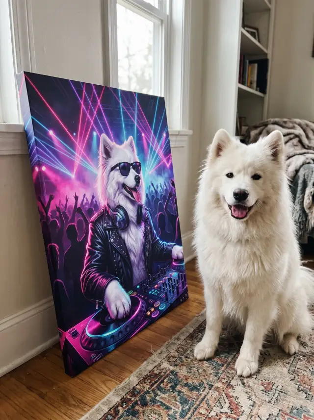 The DJ printed as a gallery-wrapped canvas, hung in a room