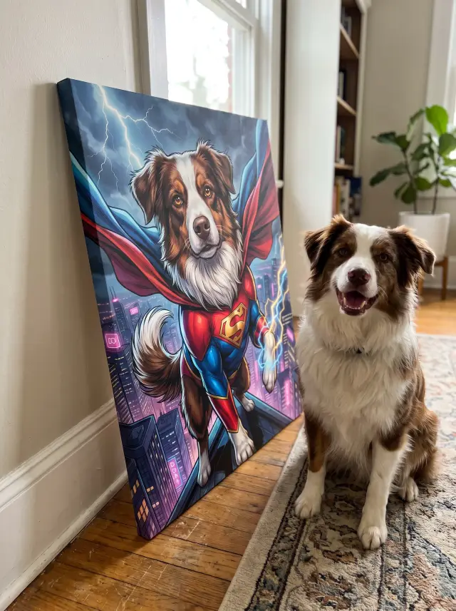 The Superhero printed as a gallery-wrapped canvas, hung in a room