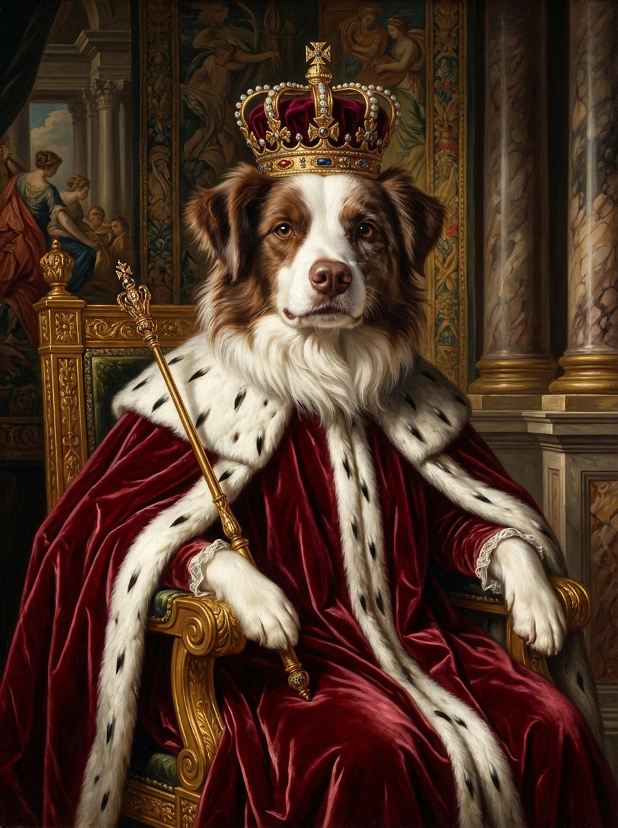 A golden retriever in a royal Renaissance portrait