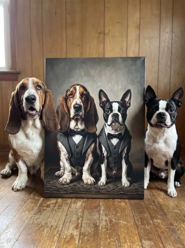 Boston Terrier as The Brothers printed as a gallery-wrapped canvas, hung in a room