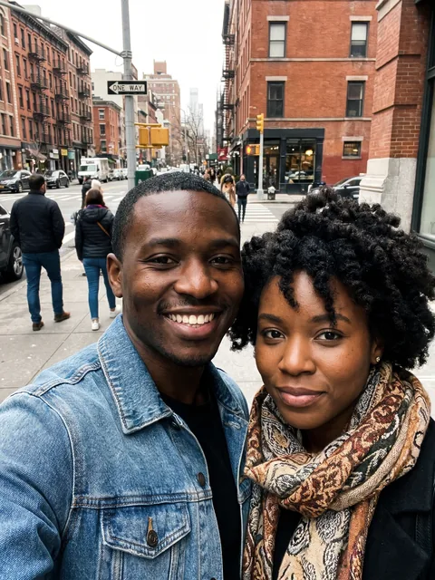 A couple smiling in a street selfie
