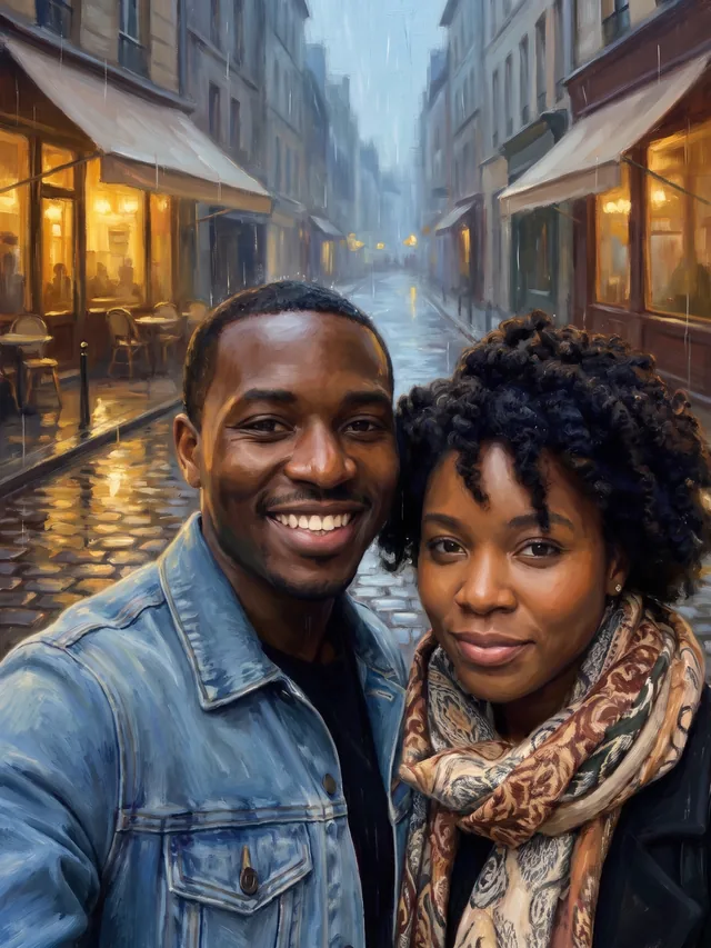 The same couple painted on a rainy Paris street at dusk