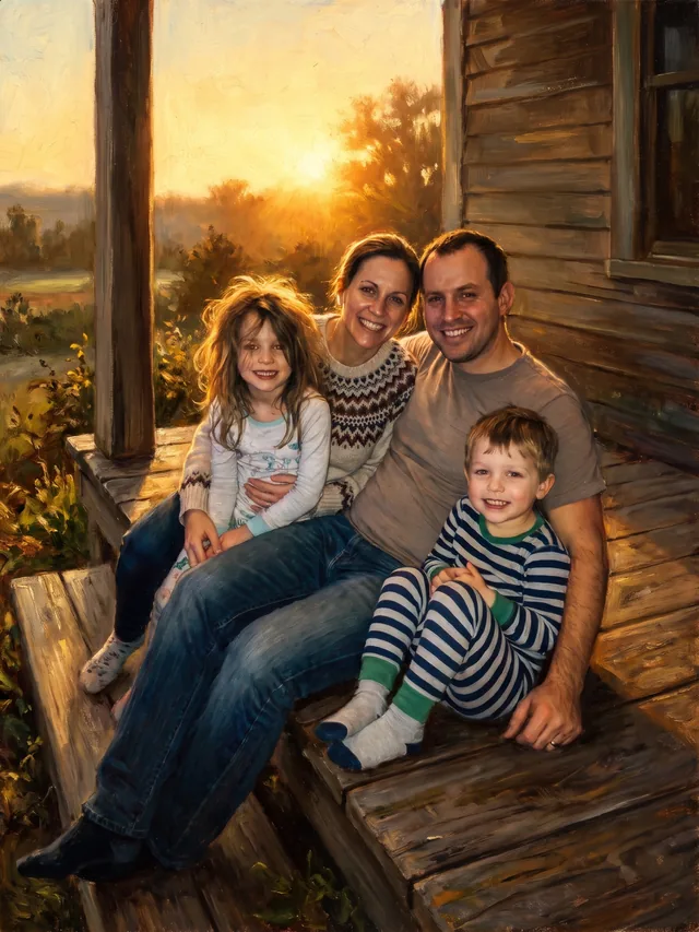 The same family painted on a wooden porch at golden hour