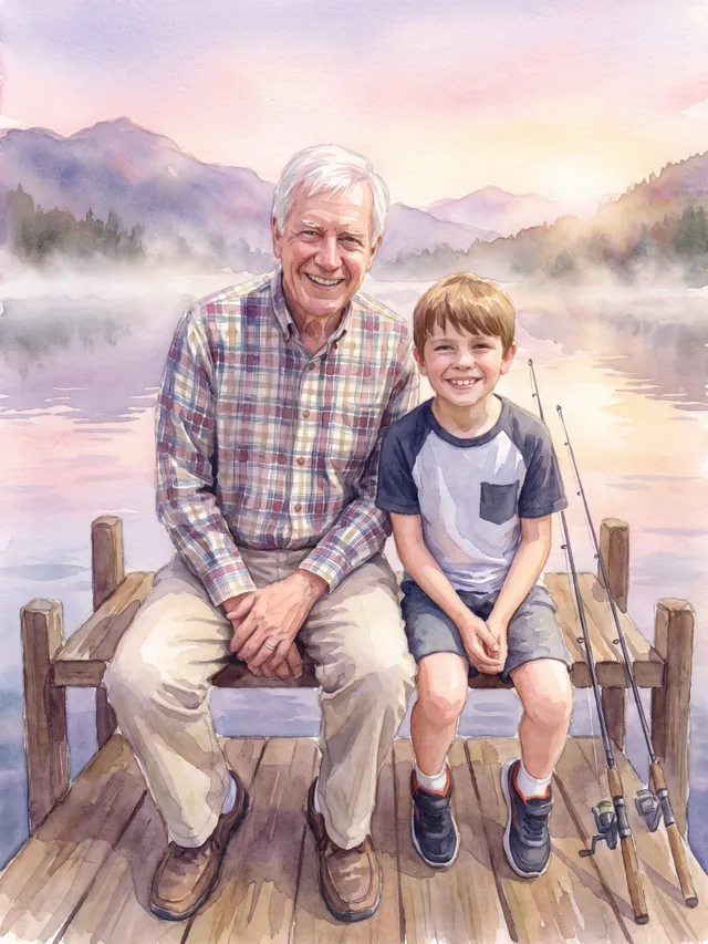The same grandfather and grandson painted in watercolor on a lake dock