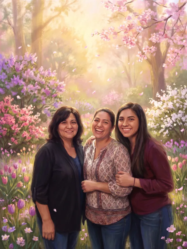 The same three women painted in a spring flower garden