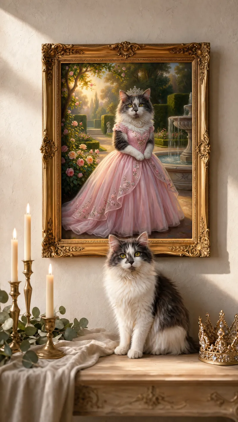 Calico Cat beside their The Princess portrait