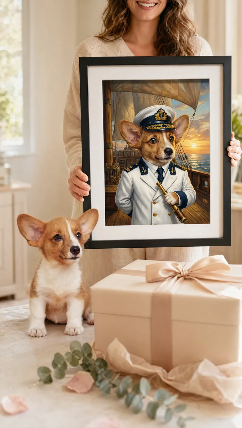 Corgi beside their The Admiral portrait