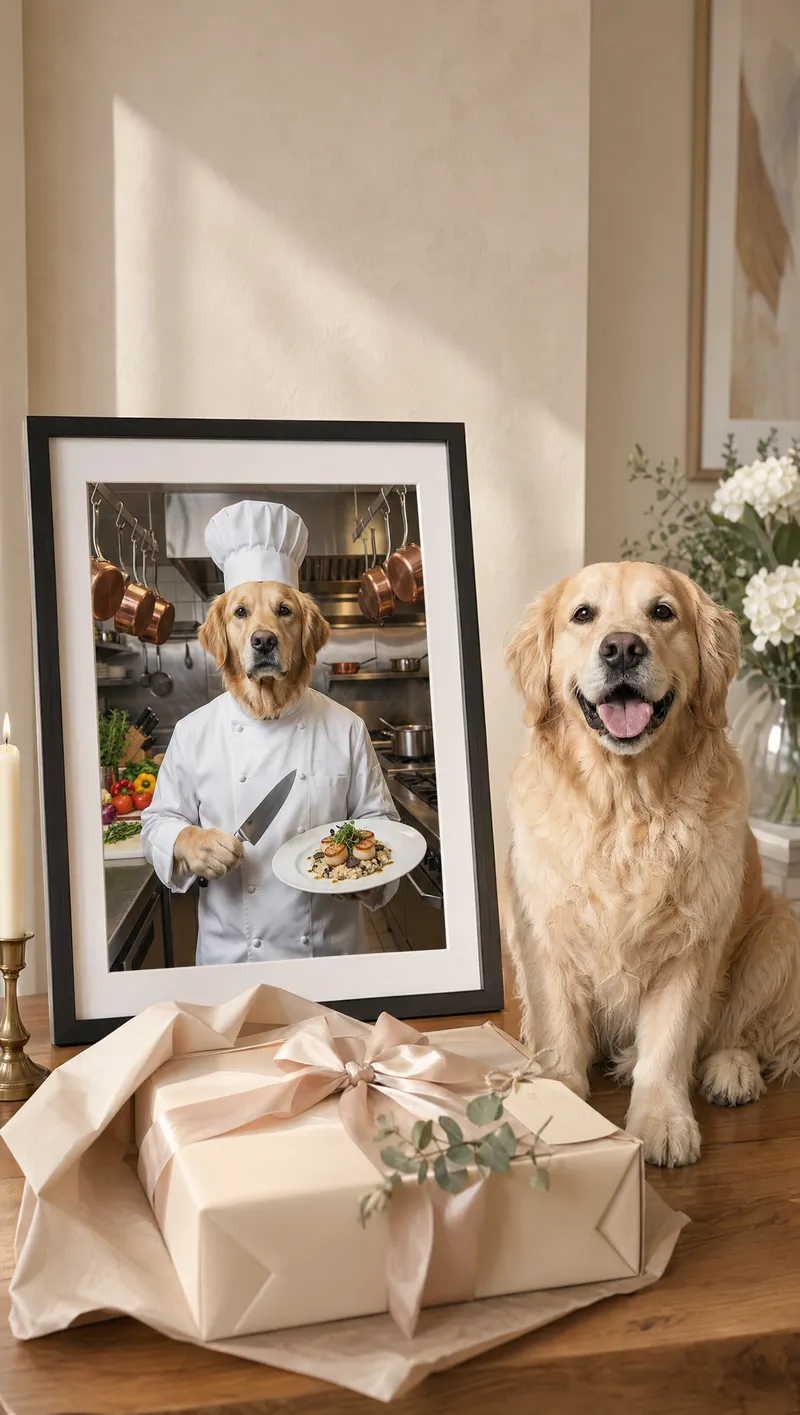 Golden Retriever beside their The Chef portrait