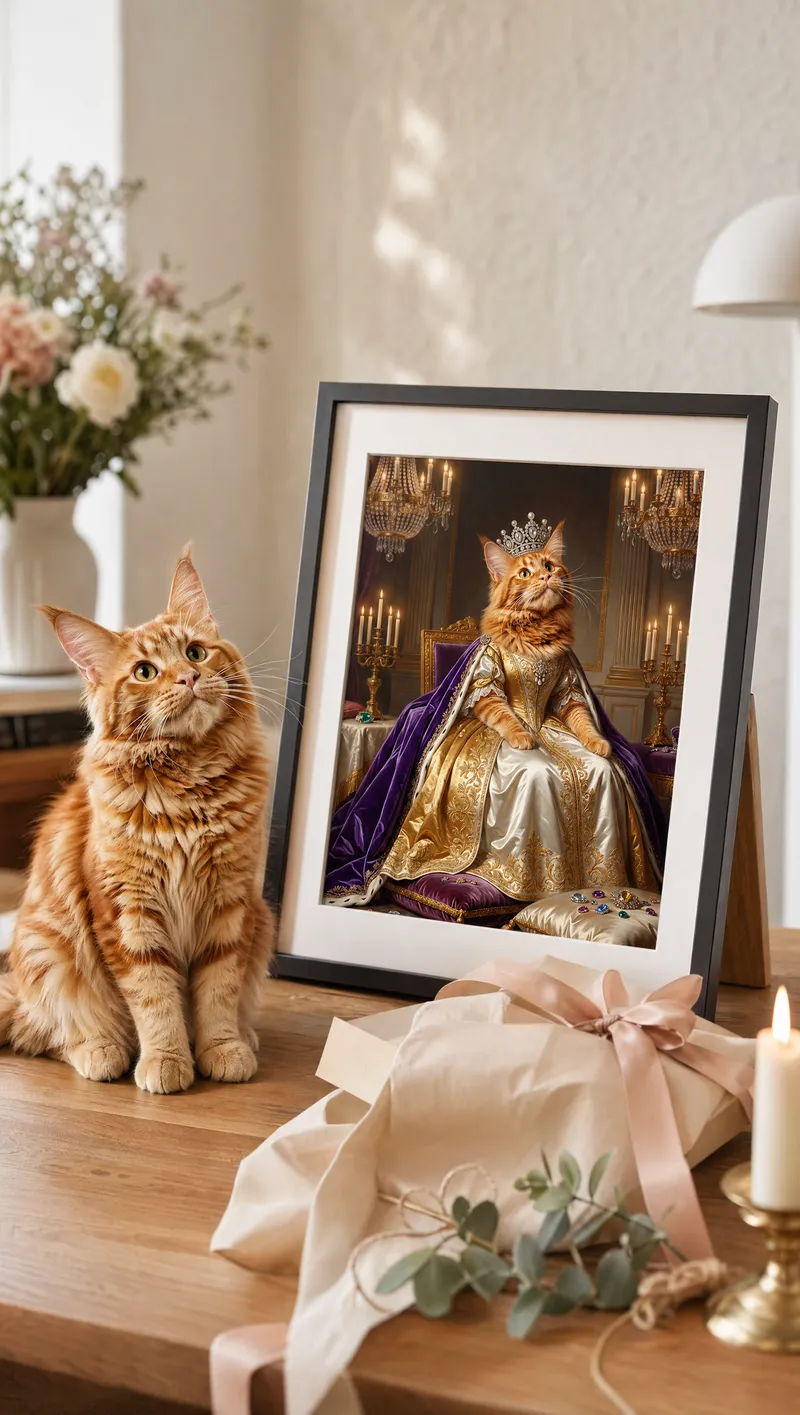 Maine Coon beside their The Empress portrait
